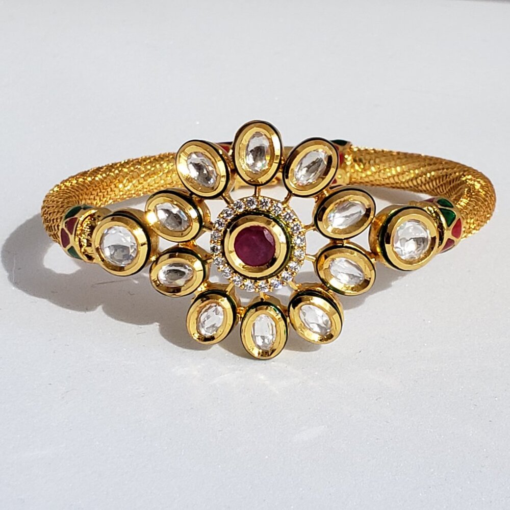 NWOT Statement Bracelet Elegant Kundan Enamel CZ Floral Design Hinged Bangle